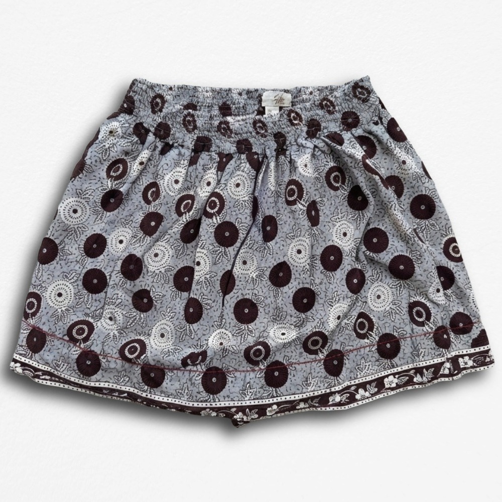 Fleur Des Champs Blue Burgundy Medallion Floral Cotton Smocked Mini Skirt XL 16